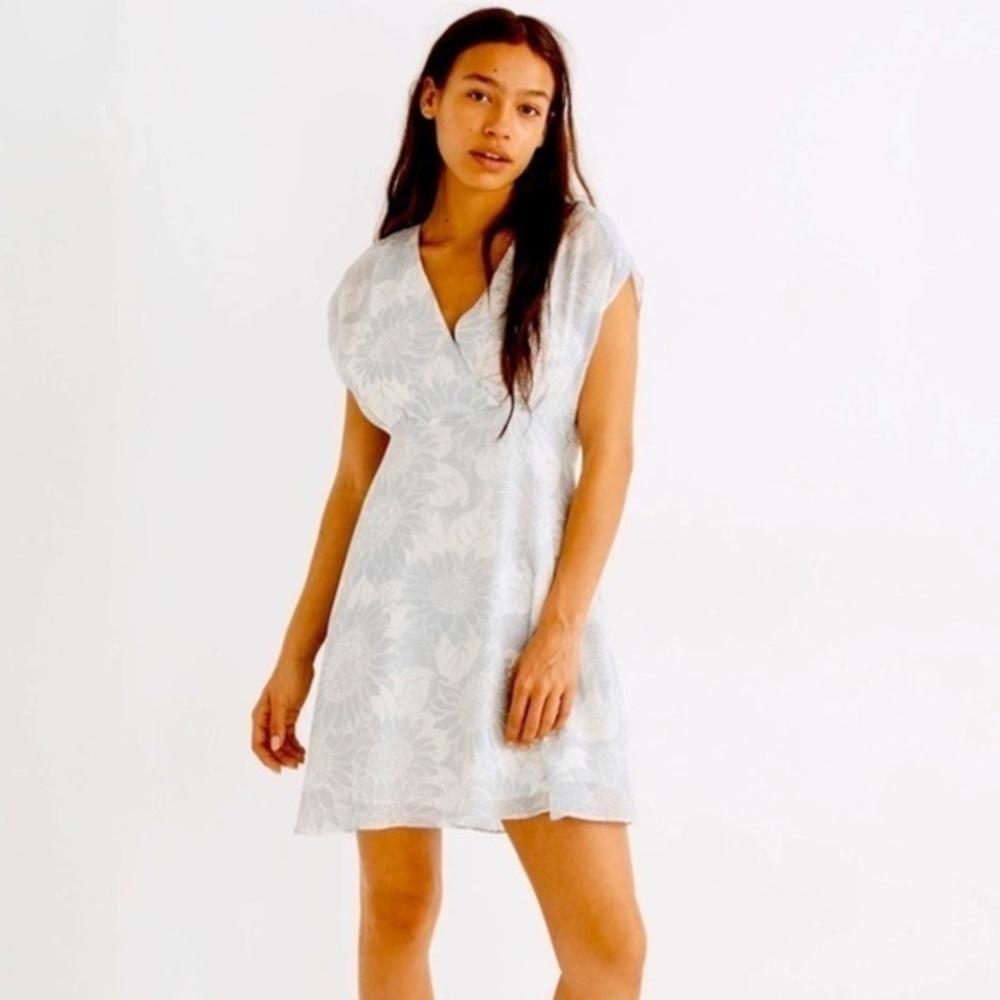 Madewell Crossover Silk Mini Dress Sunflower Season White Blue Size 12